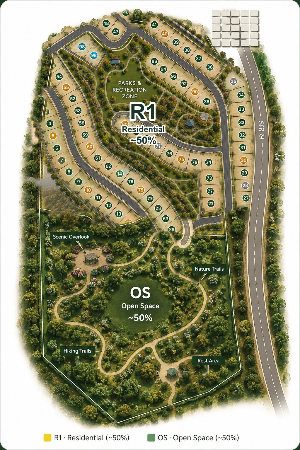 Lake Woods land-use plan — R1 residential lots and OS open space, with SR-74 frontage